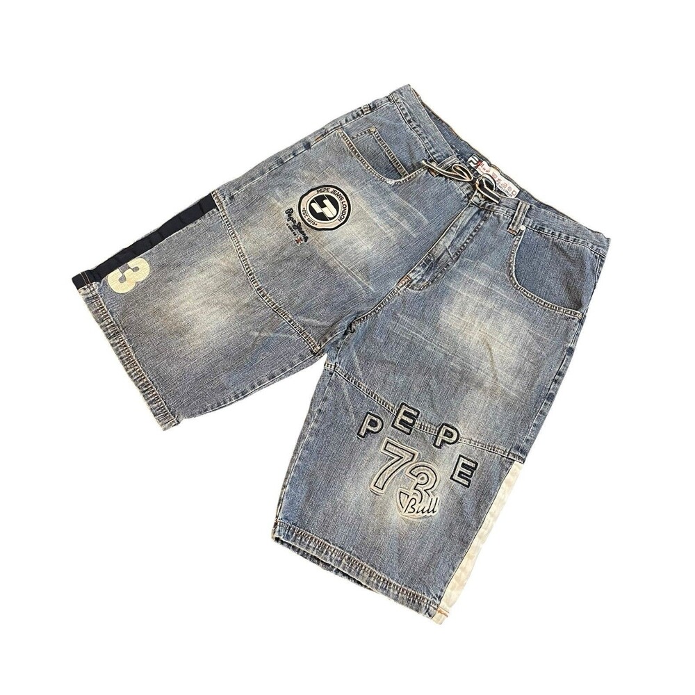 Vintage Y2K Pepe Jeans London Light Blue Patched Baggy Denim Shorts Size 38
